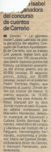 Recorte de prensa de 1987: 2º Premio en el VII Concurso de Cuentos de Carreño a Pedro Martínez Rayón por "Dónde están los brazos de Venus"
